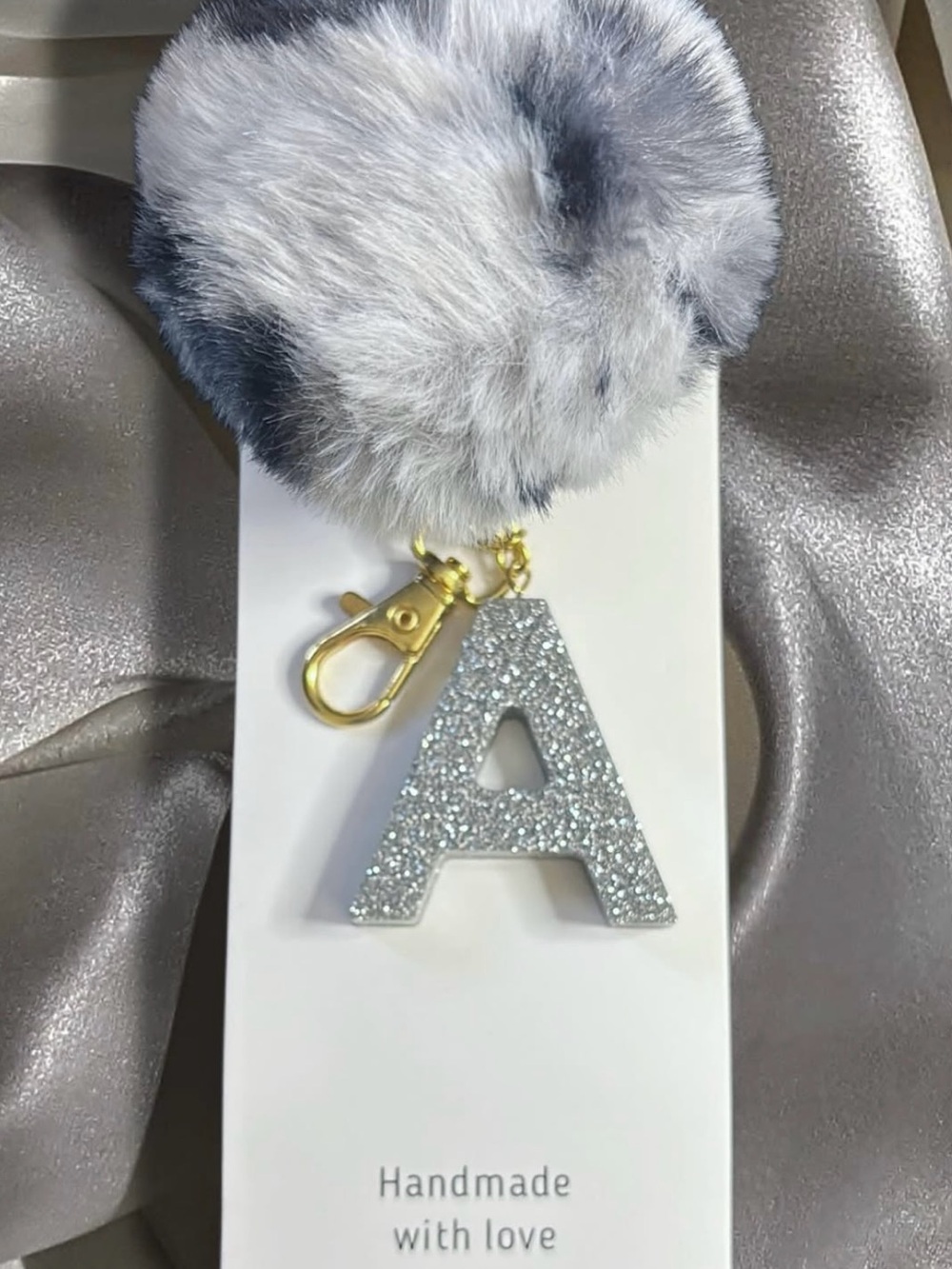 Sparkling Letter A Pom Keychain - Gray Faux Fur